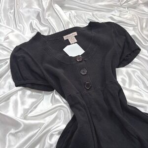 y2k Glimmer Babydoll Sweater Top Black Ribbed Knit Henley Empire Waist